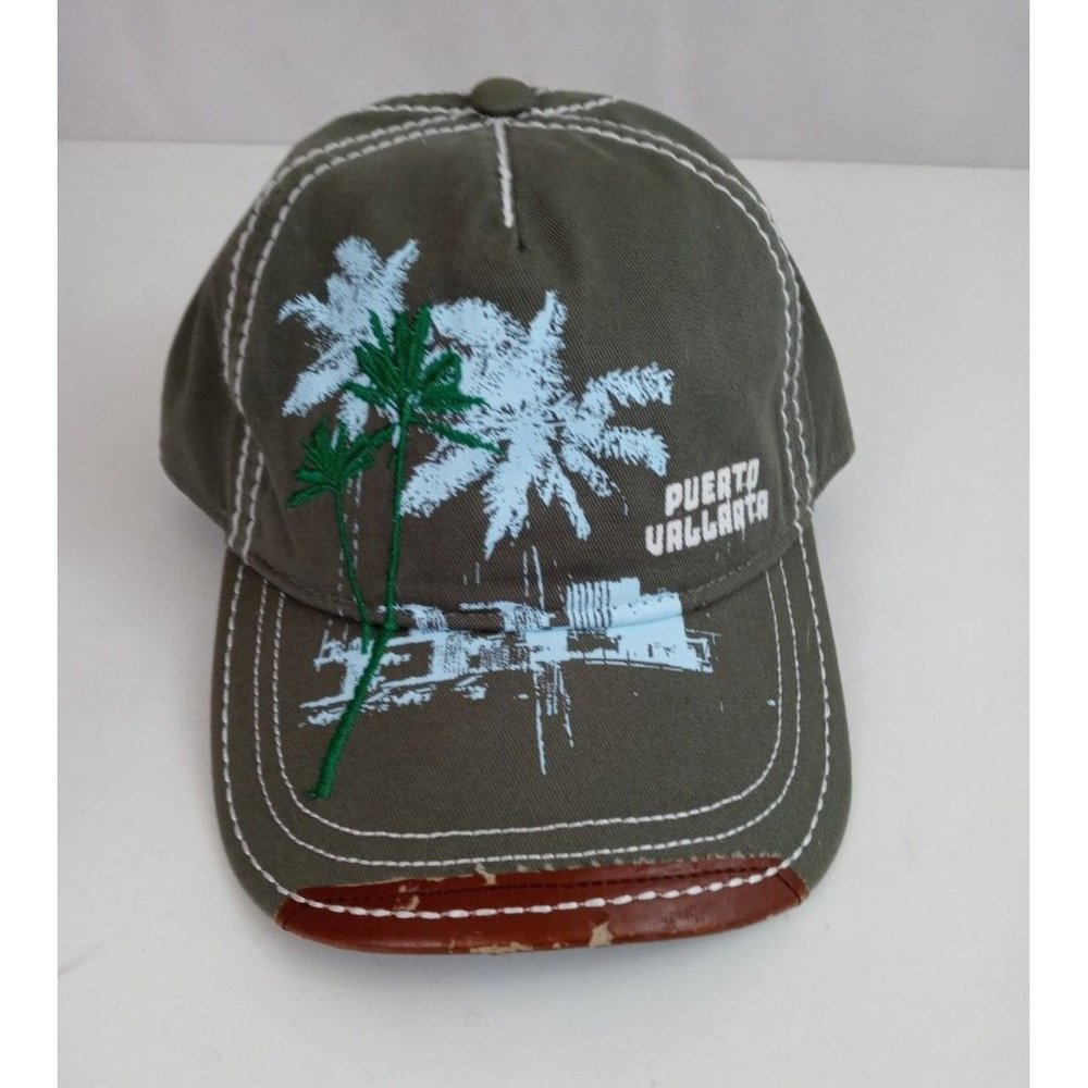Puerto Vallerta Embroidered With Distressed Leather On Bill Adj. Baseball Cap
